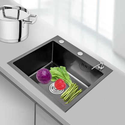 Keukenspoelbak – Spoelbak – Keukensink – Wasbak – Vaatwasbak – Zwart RVS – Royale Binnenmaat 46x35,5 cm – Opbouw Onderbouw Vlakbouw – Met Zeepdispenser en Compleet Accessoiresset