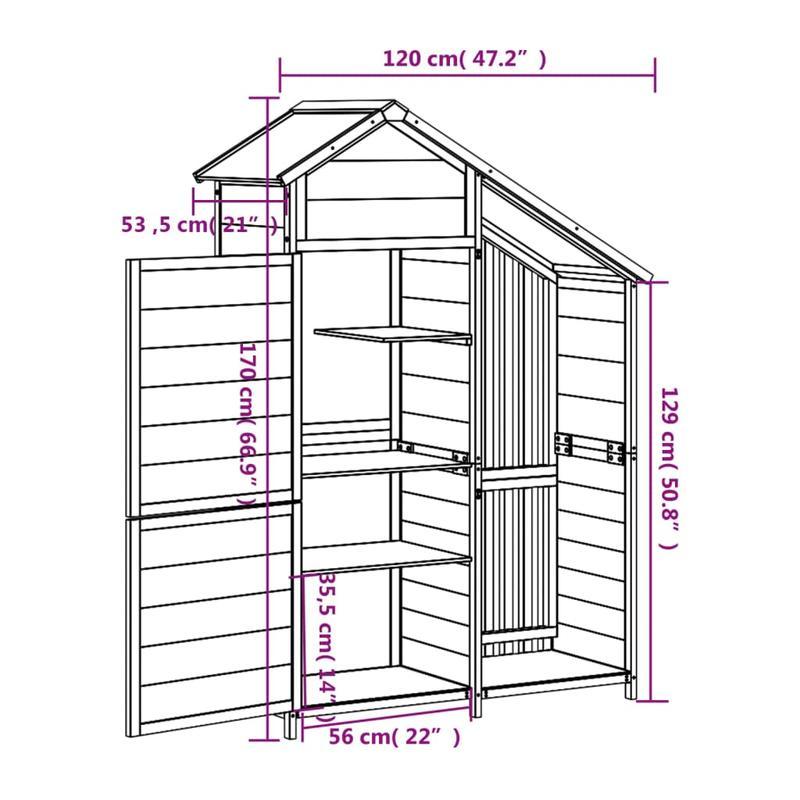 Tuinhuisje – Berging – Tuinschuur – Buitenopslag – Tuinkast – Massief Grenenhout – Stalen Frame – Koperen Dak – 120x53,5x170 cm – 3 Legplanken – Schuifdeur – Robuust & Rustiek