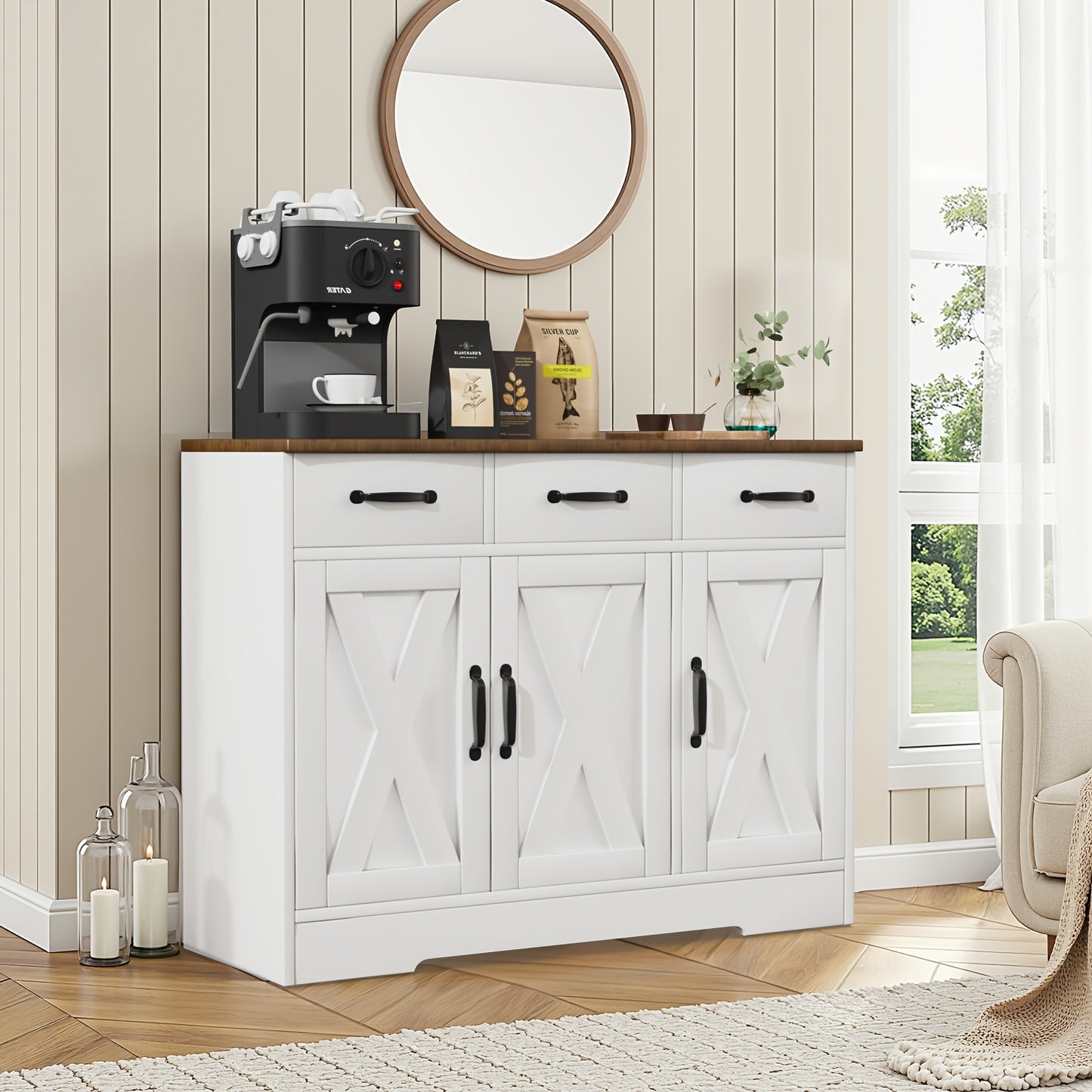 3 Drawers and 3 Doors Sideboard | Wooden Storage Cupboard Cabinet for Kitchen, Living Room, Dining Room, Hallway, White & Black, Contemporary Style, Oyajia Brand