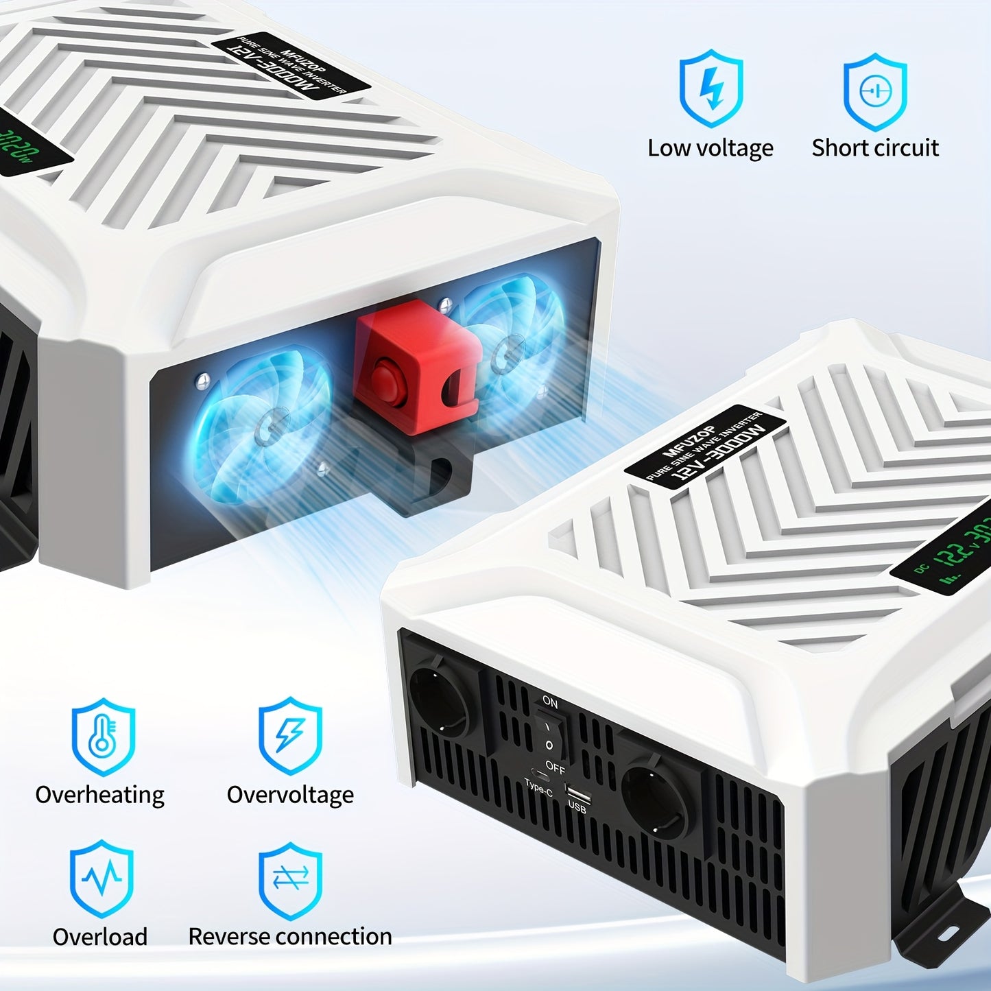 Stroomomvormer – Spanningsomzetter – Omvormer – Inverter – Zuivere Sinus – 3000W Continu Vermogen – Overbelastings- en Oververhittingsbeveiliging