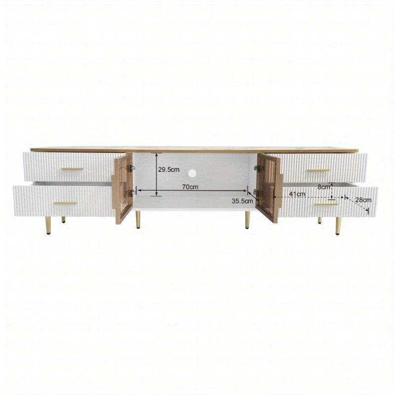 TV Meubel – Lowboard – Entertainmentkast – Sideboard – Dressoir – 4 Lades – Bruin Gehard Glas – 170 cm Hoogte – Marmerlook & Gouden Handvaten