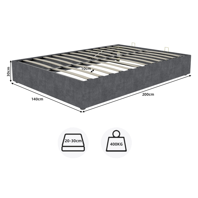 Bedframe – Bedombouw – Slaapkamerbed – Opbergbed – Gasliftbed – Grijs Fluweel – 140x200 cm – Met Gaslift Opbergruimte – Stevig Metalen Frame