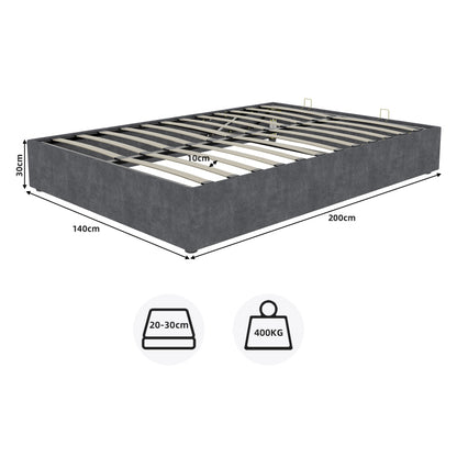 Bedframe – Bedombouw – Slaapkamerbed – Opbergbed – Gasliftbed – Grijs Fluweel – 140x200 cm – Met Gaslift Opbergruimte – Stevig Metalen Frame