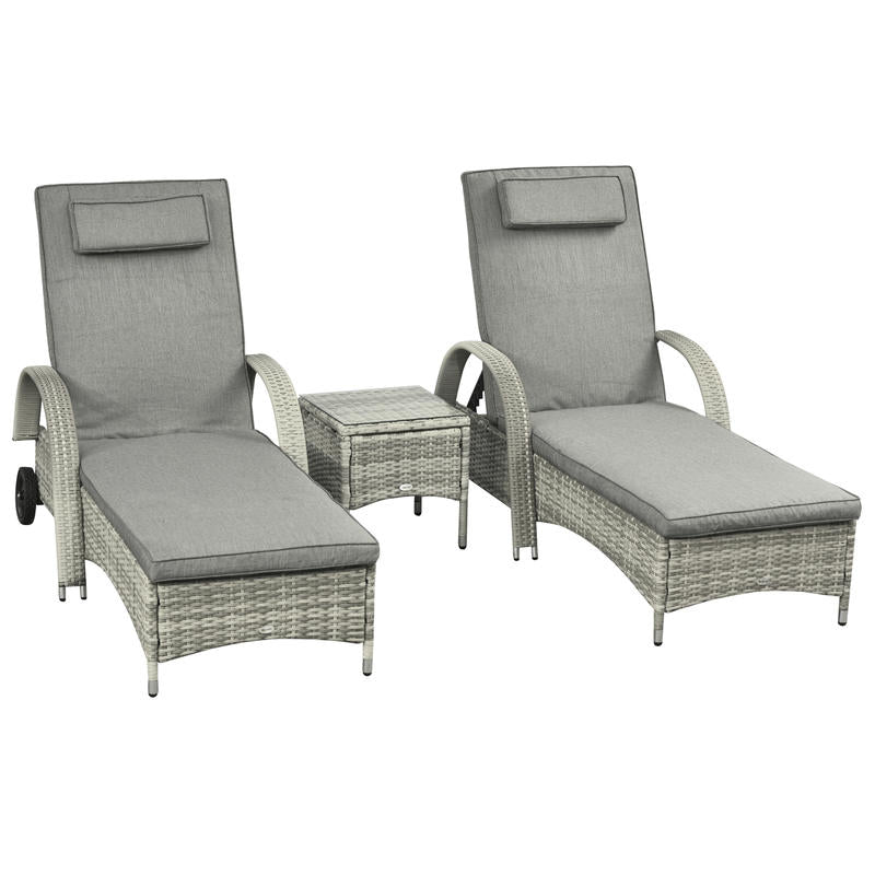 Sonnenliege Gartenliege Tisch 3Er-Set Gartenmöbel, Polyrattan+Metall Grau