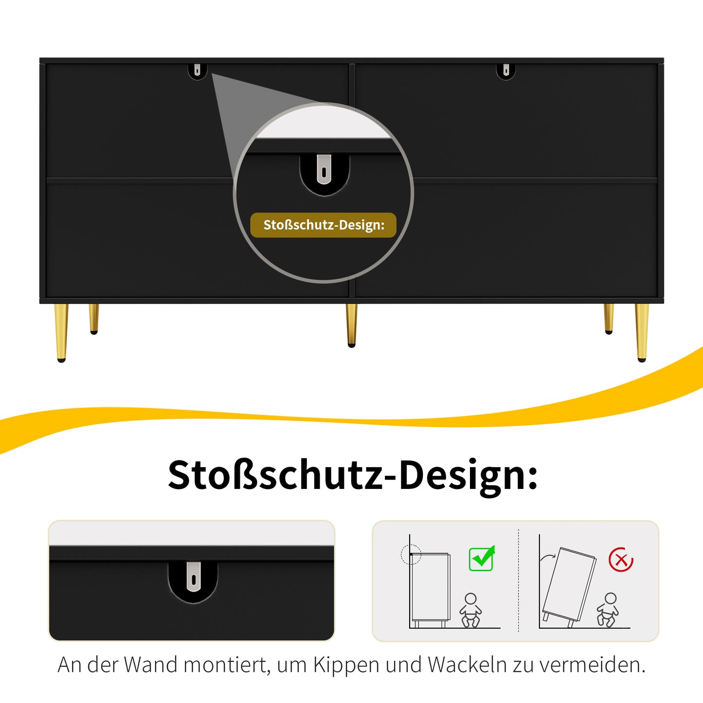 Dressoir – Sideboard – Buffetkast – Tv-Meubel – Opbergkast – Zwart Met Gouden Details – 152x40x75 CM – Tip-Over Beveiliging