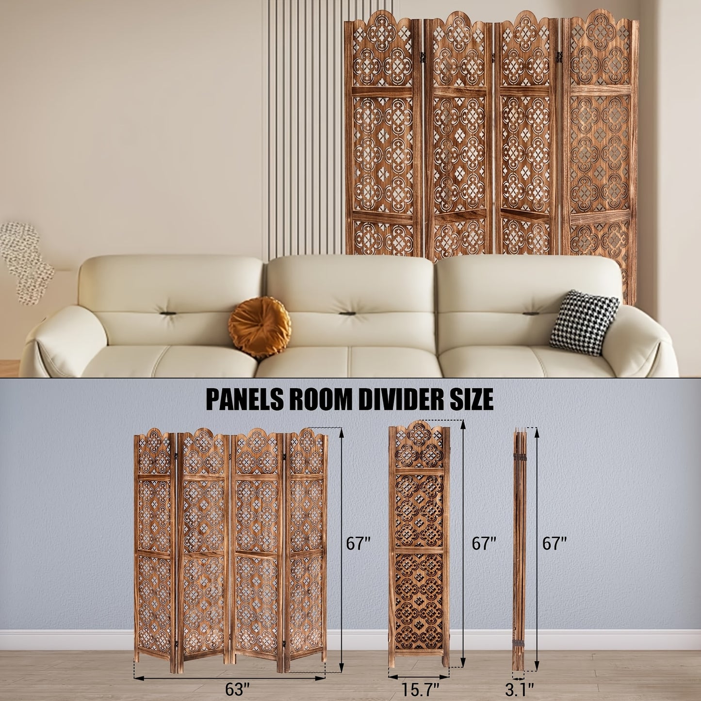 Scheidingswand – Kamerscherm – Roomdivider – Paravent – Privacy Scherm – Hout – Hardhout – 4 Panelen – Opvouwbaar – Bruin