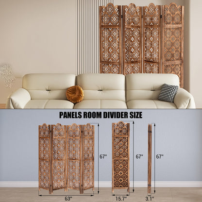 Carved Wood Room Divider Panel | Hardwood, Classic Style, Brown Color, Folding Screen for Home Office Garden Terrace - MERXENG
