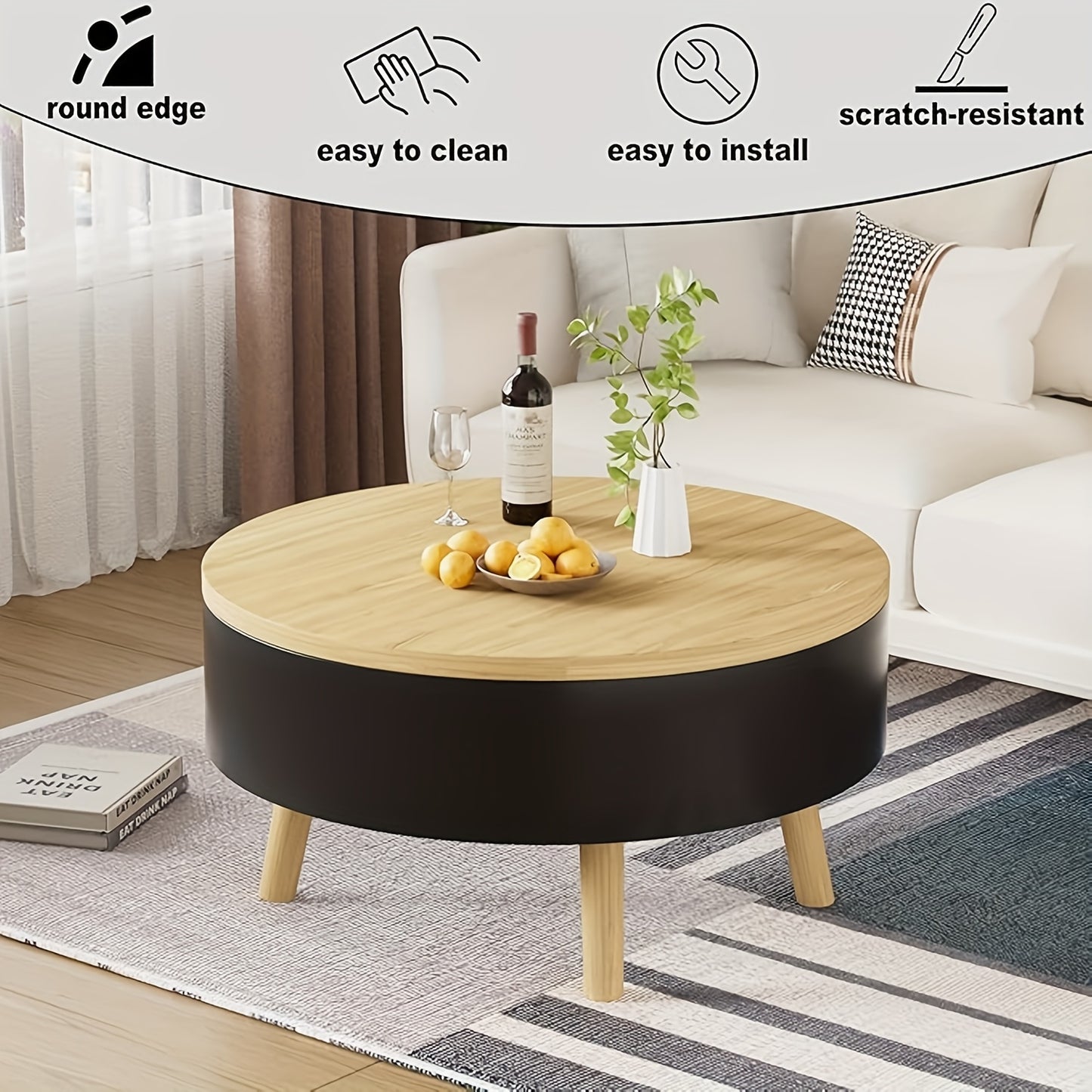 Salontafel – Woonkamertafel – Bijzettafel – Koffietafel – Rond – Verstelbaar Opklapbaar Tafelblad – Verborgen Opbergruimte – Hout en Zwart