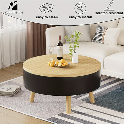 Salontafel – Woonkamertafel – Bijzettafel – Koffietafel – Rond – Verstelbaar Opklapbaar Tafelblad – Verborgen Opbergruimte – Hout en Zwart