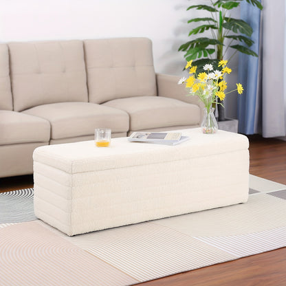 Stool with Storage Space, Modern Bench Bedroom Storage Box Teddy Fabric Footstool Chest 118cm, Beige, Spacesaving Stool, Home Organization, Minimalist Bench, Contemporary Footstool, Cozy Material, Soft Upholstery, Fabric Foot
