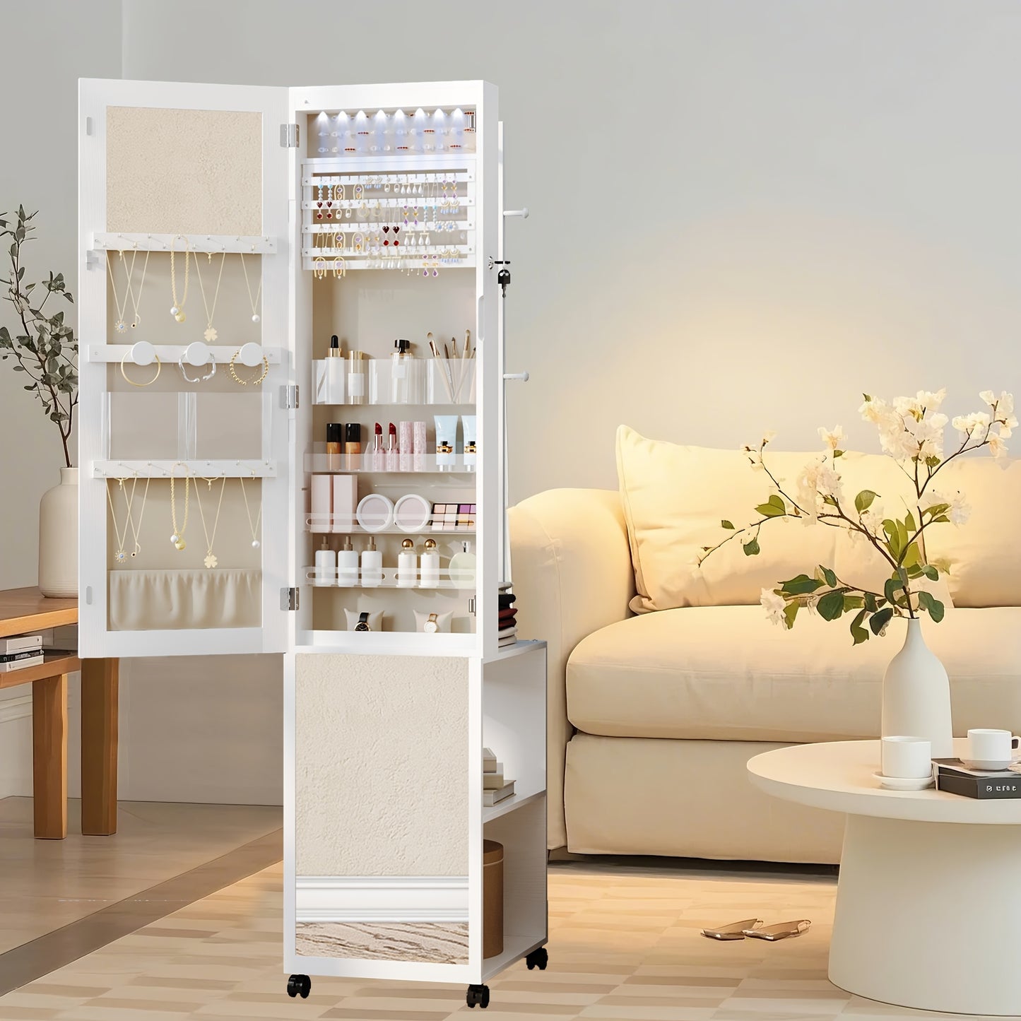 Sieradenkast – Juwelenkast – Spiegelkast – Sieradenopberger – Sieradenorganizer – 5-in-1 Design – Afsluitbare Kast met Kledingrek – Volledige Lengte Spiegel – MDF – Wit en Beige – Met Wielen