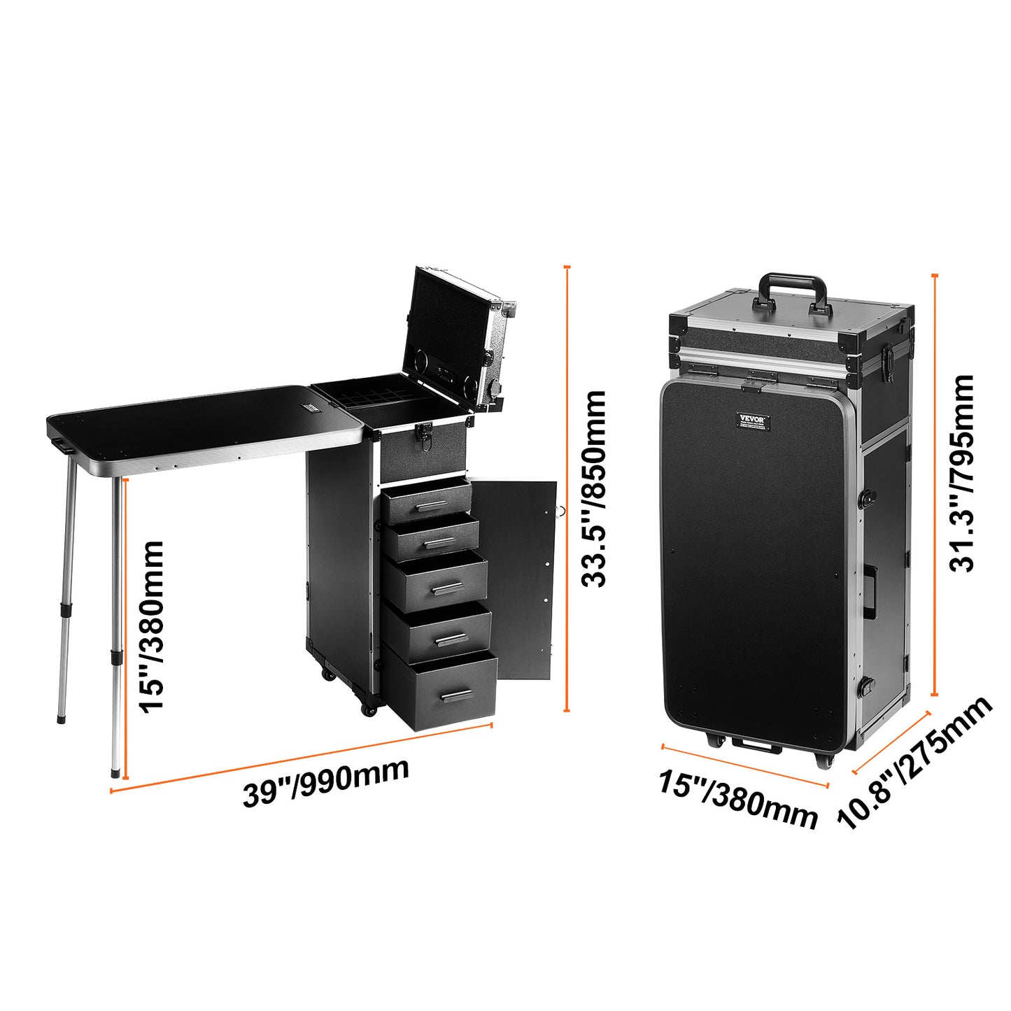 Make-up Train Case – Make-up Koffer – Cosmetica Organizer – Beauty Trolley – Visagie Case – Extra Groot Formaat – Inklapbare Werktafel – 360° Zwenkwielen – Zwart