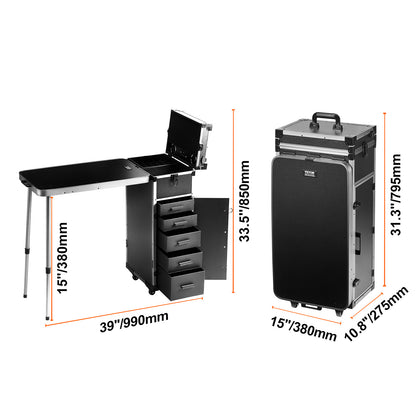 Make-up Train Case – Make-up Koffer – Cosmetica Organizer – Beauty Trolley – Visagie Case – Extra Groot Formaat – Inklapbare Werktafel – 360° Zwenkwielen – Zwart