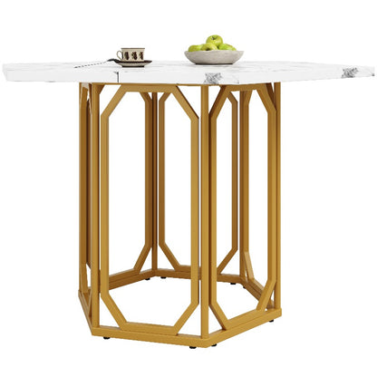 Hexagon Marble Table - White & Grey Veining Marble Top with Golden Metal Legs, Modern Retro Hexagonal Dining Desk, No Assembly Required, Marble Countertop Kitchen/Breakfast Table for Small Spaces, Durable Non-Wood Furniture