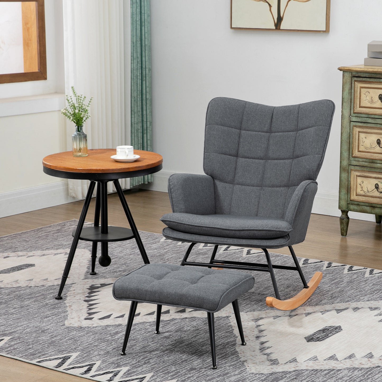 Draaifauteuil – Lounge Stoel – Relax Fauteuil – Schommelstoel – Leesstoel – Grijs Linnen Look – Inclusief Voetenbank – Draagvermogen 130 kg – Compact 64x89x90 cm