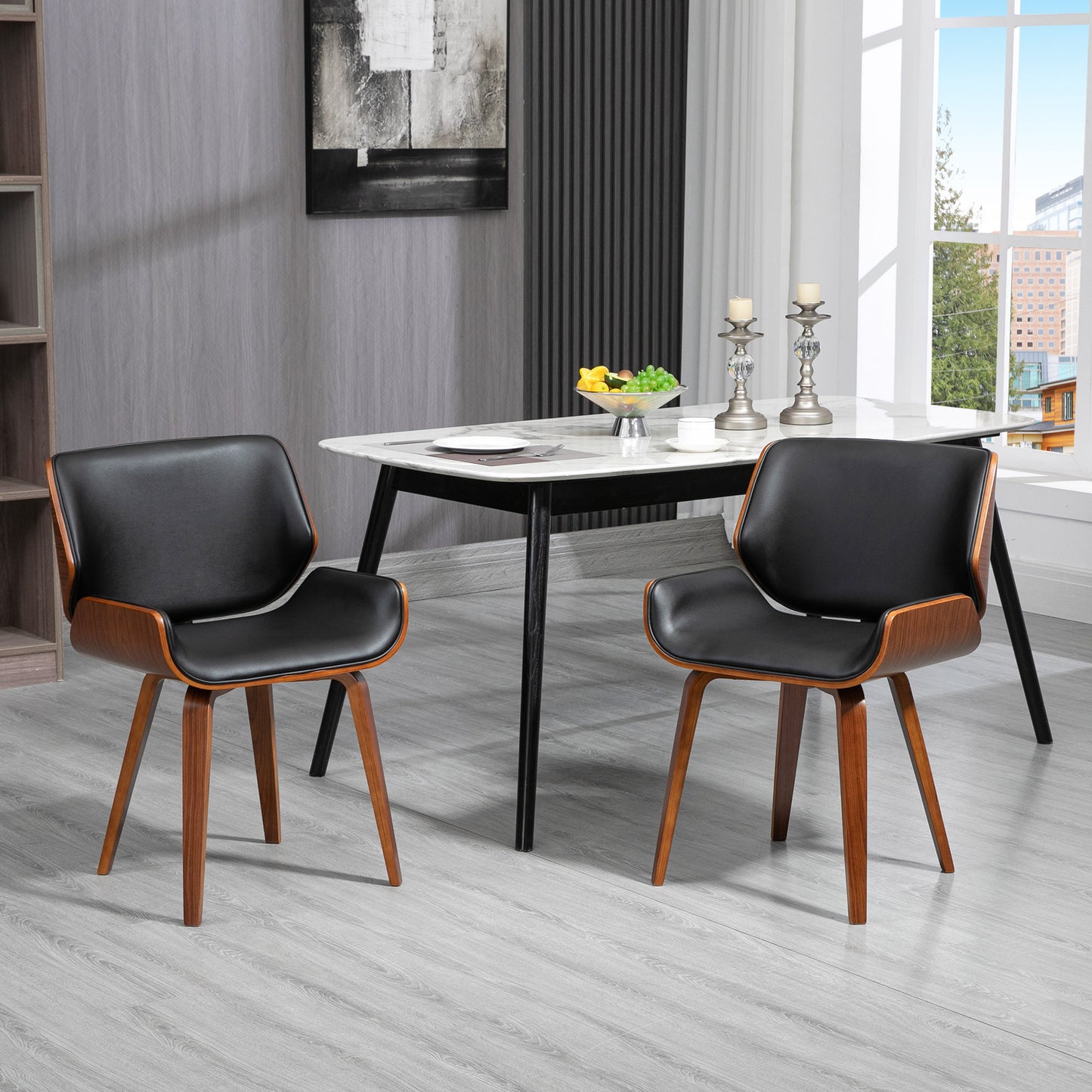 Vintage Eetkamerstoelen – Stoelen – Eetkamerstoelen Set – Kuipstoelen – Design Stoelen – Zwarte Synthetisch Leren Zitting – Houten Poten – Comfortabele Foam Vulling