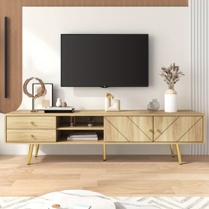 TV-kast – Tv-meubel – TV meubel – Mediameubel – Tv-dressoir – 160 cm breed – MDF en spaanplaat – Gouden metalen pootjes – Unieke schuine groefdeuren