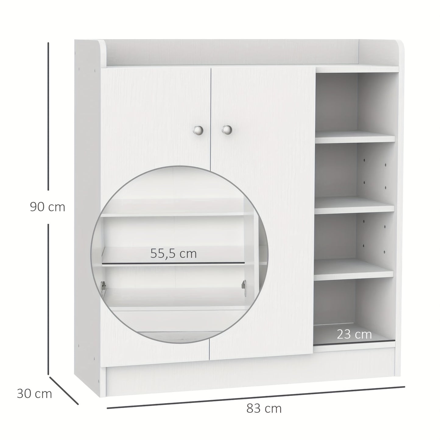 Schoenenkast – Schoenenrek – Schoenenopberger – Schoenenkastje – Schoenenbankje – Wit – Compact & Ruimtebesparend – 2 Deuren 4 Vakken 83x30x90 cm