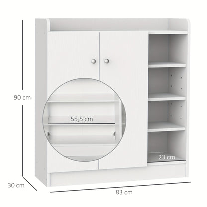 Schoenenkast – Schoenenrek – Schoenenopberger – Schoenenkastje – Schoenenbankje – Wit – Compact & Ruimtebesparend – 2 Deuren 4 Vakken 83x30x90 cm