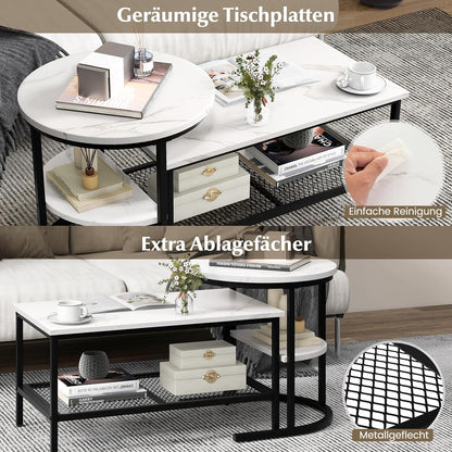 Salontafel – Bijzettafel – Woonkamertafel – Sofa Tafel – 2-Delige Set – Marmerlook Tafelbladen – Stevig Metalen Frame
