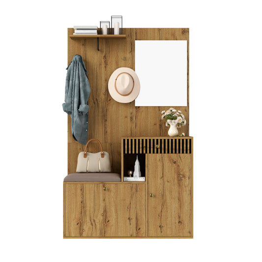 Halmeubelset – Halmeubel – Hal Kast – Schoenenkast – Kapstok – Spiegel En Zitting – Ruimtebesparend Ontwerp – MDF Mix Wit Zwart Houtlook