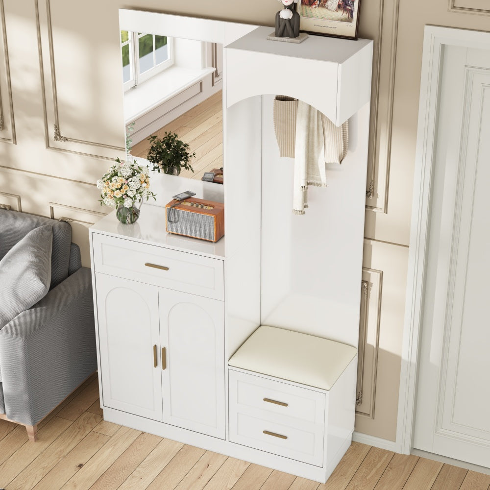 Gangkast – Halmeubel – Garderobekast – Opbergkast – Schoenenkast – Modern Design – Compact Met Spiegel – Witte Kast Met Gouden Accenten