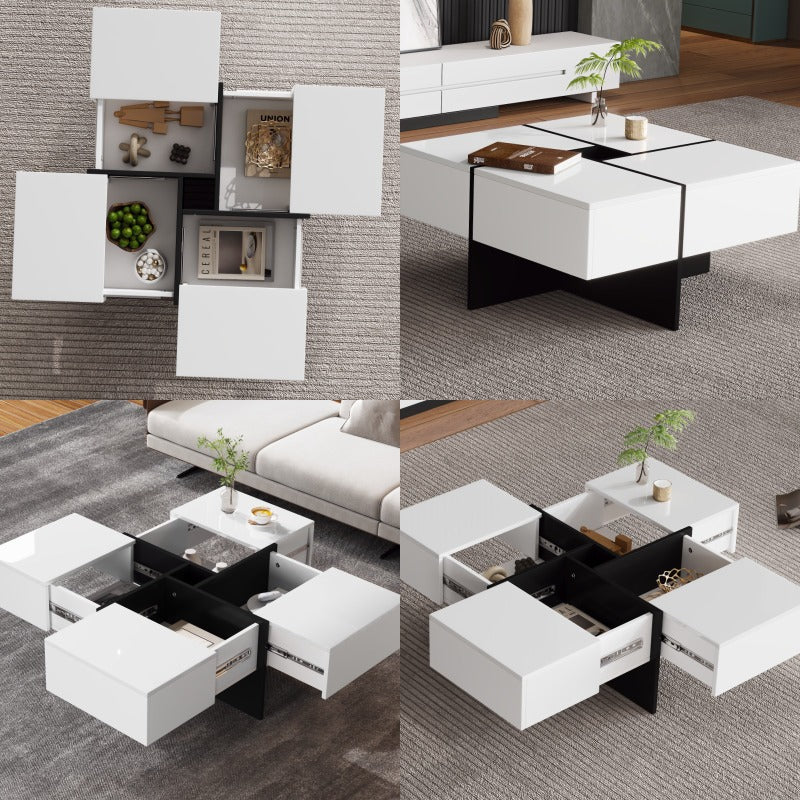Salontafel – Woonkamertafel – Koffietafel – Tafel – Bijzettafel – Hoogglans Zwart – Vierkant 70x70x35 cm – 4 Opbergladen – Max. Belastbaar 30 kg