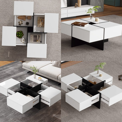 Salontafel – Woonkamertafel – Koffietafel – Tafel – Bijzettafel – Hoogglans Zwart – Vierkant 70x70x35 cm – 4 Opbergladen – Max. Belastbaar 30 kg