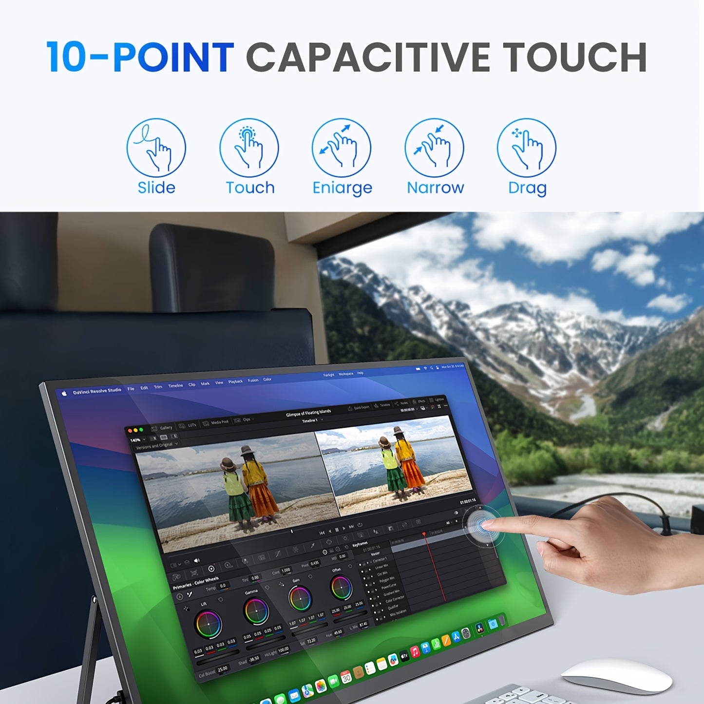 22" Draagbare Monitor – Touchscreen Monitor – Tweede Scherm – Mini Monitor – Laptop Extender – 2K QHD Resolutie – 10-Punts Touch – VESA Montage & 180° Verstelbare Standaard