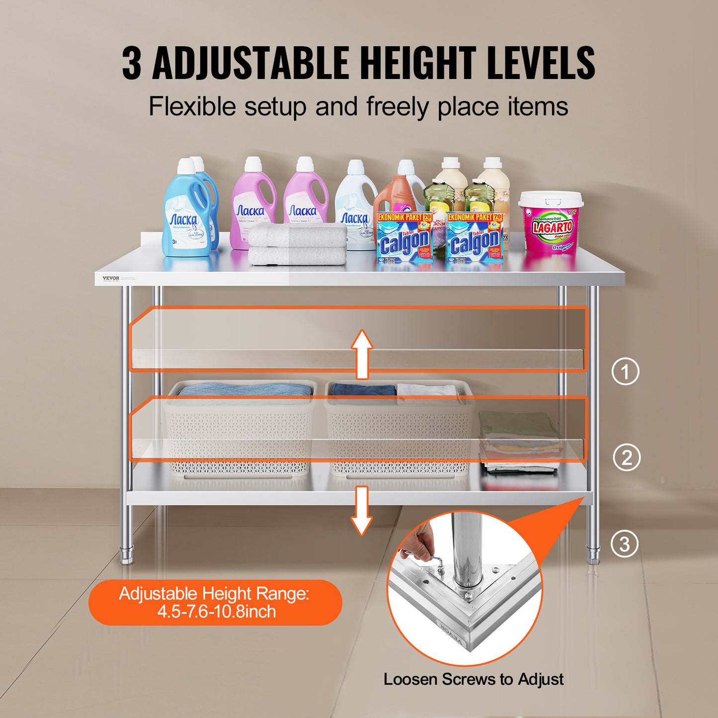 Werktafel RVS – RVS Tafel – Roestvrijstalen Werkbank – Keukentafel – Werkblad – 60 x 24 inch – 0,8 mm Dikte Roestvrij Staal – 3 Verstelbare Legplanken