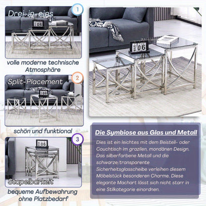 JYMTOM Set of 3 Coffee Tables, Side Tables Made of Stainless Steel Frame and Tempered Glass for Living Room, Modern Design, Sofa Table, Coffee Tables for Living Room, Sofa Side Table, Home Accent Tables, Glass Coffee Table, M