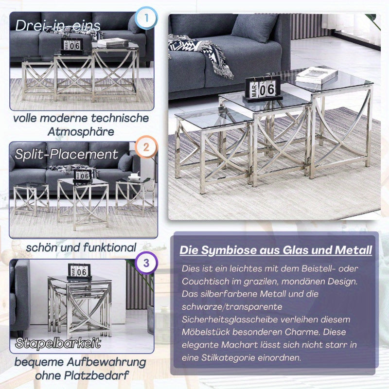 JYMTOM Set of 3 Coffee Tables, Side Tables Made of Stainless Steel Frame and Tempered Glass for Living Room, Modern Design, Sofa Table, Coffee Tables for Living Room, Sofa Side Table, Home Accent Tables, Glass Coffee Table, M
