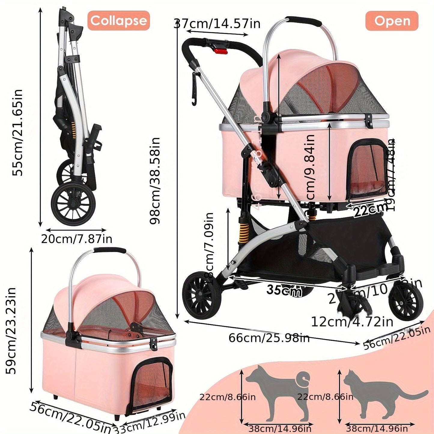 Huisdierenwagen – Hondenbuggy – Kattenwagen – Wandelwagen – Dierenbuggy – 3-in-1 Design – Carbonstalen Frame – Max. Belastbaar 20 kg – Zilverblauw
