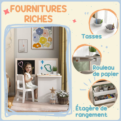 Kinderbureau met Stoel – Kindermeubel – Speeltafel – Tekenbureau – Kindertafel – 3-in-1 Design – Inklapbaar Krijtbord – Ruime Opbergruimte – MDF Wit – Voor 3 tot 8 Jaar