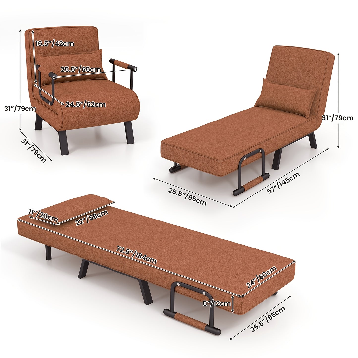 Slaapbank – Slaapstoel – Logeerbed – Zetelbed – Slaapfauteuil – Verstelbare Rugleuning – Stevig Metalen Frame tot 150 kg