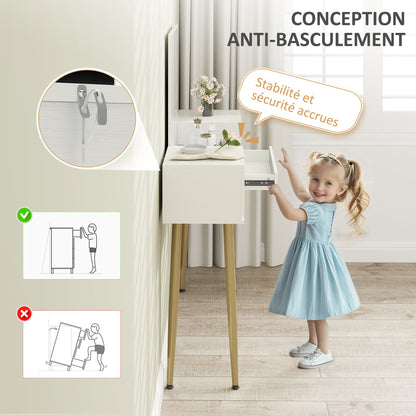 Kaptafel – Make-up Tafel – Schminktafel – Dressing Table – Cosmeticatafel – Met Spiegel en Kruk – 3 Lades en Tempered Glasblad – Metalen Poten – Wit – 105,5x30x130,5 cm