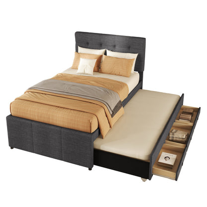 Bedombouw – Familiebed – Uitschuifbed – Opbergbed – Gestoffeerd Bed – 90x200 cm Slaapoppervlak – 3 Grote Lades – Verstelbaar Hoofdbord – Grijze Linnenstof