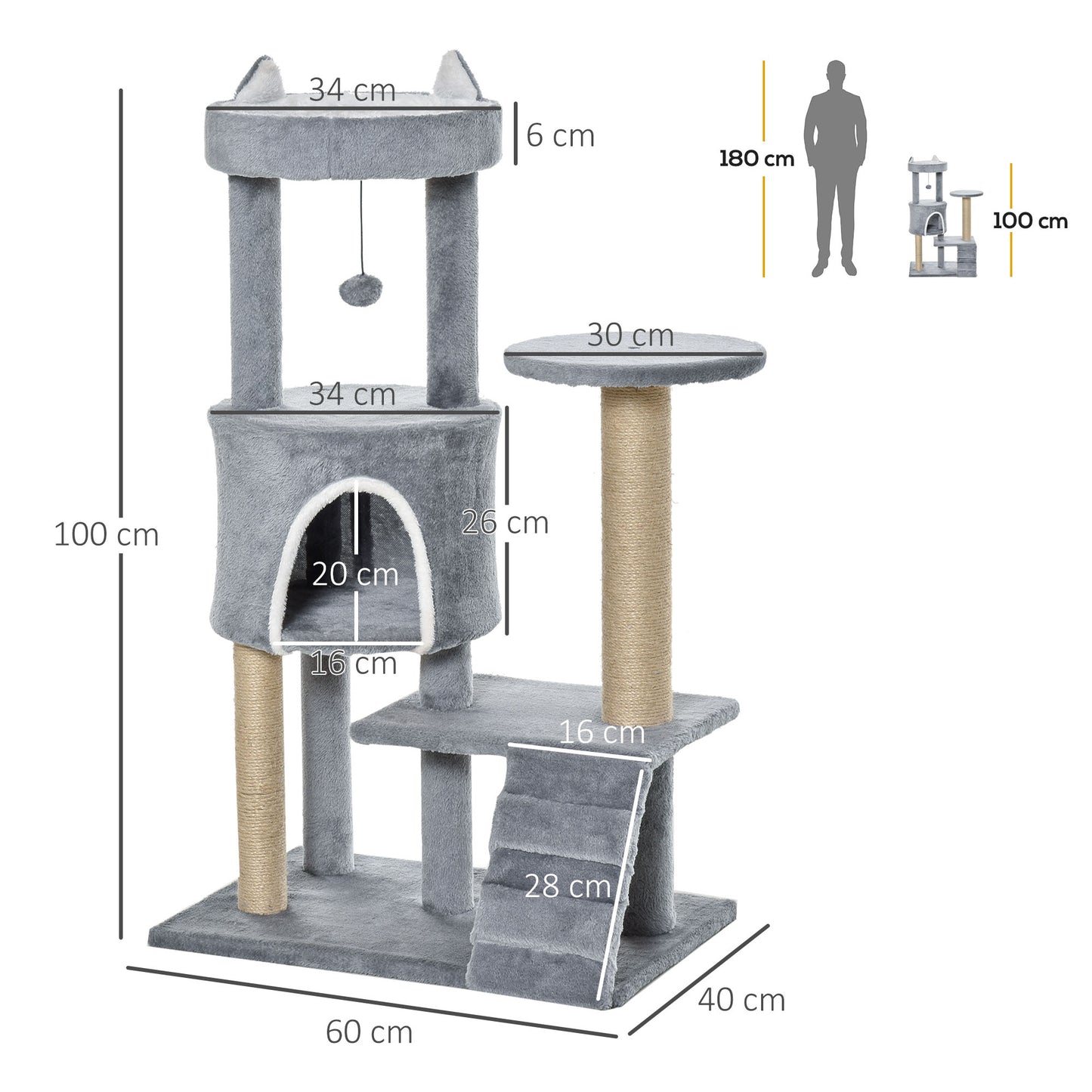 Krabpaal – Krabboom – Kattenmeubel – Klimpaal – Kattenpaal – Lichtgrijs – 100 cm Hoog – Jute Bekleed & Kattenhol Met Ladder