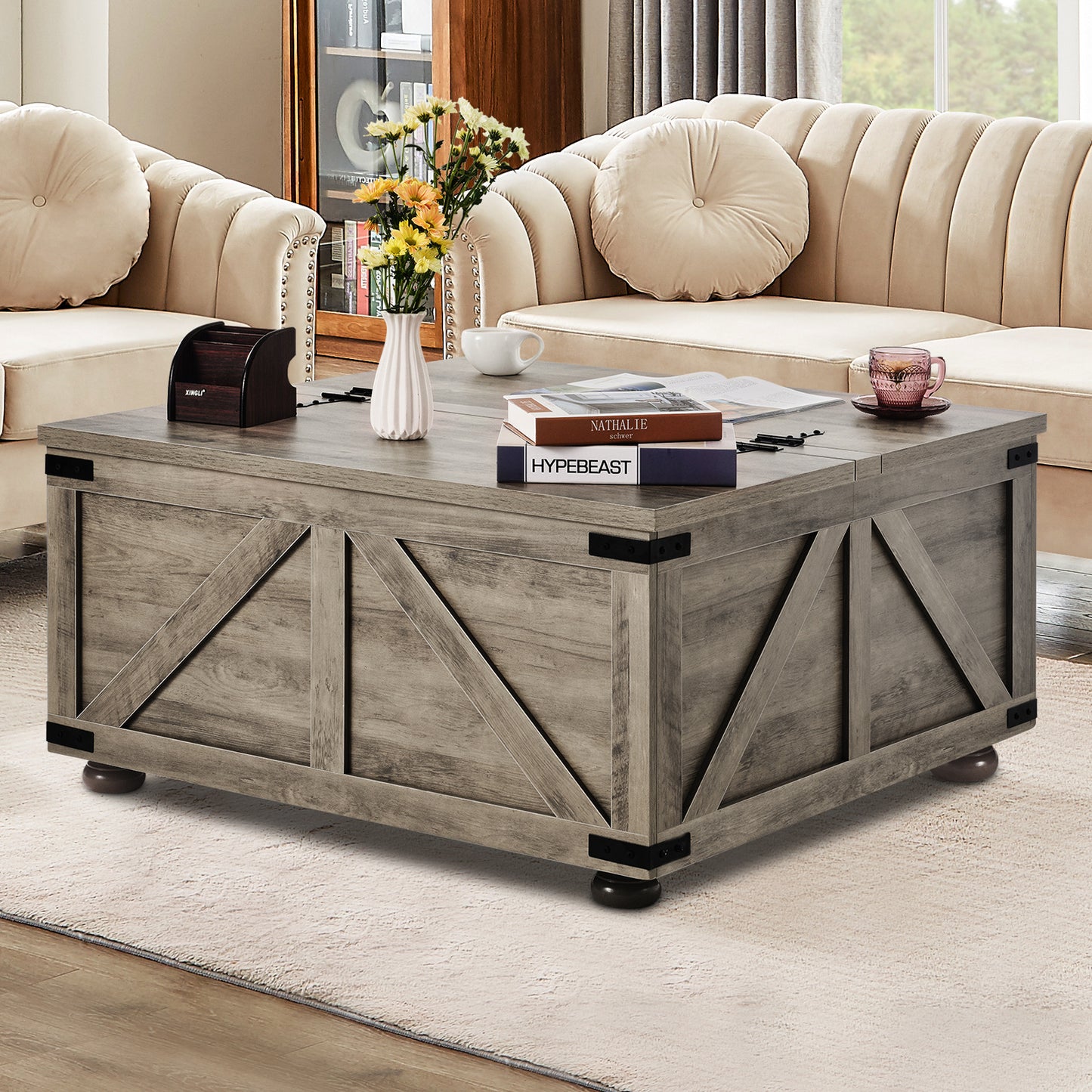 Salontafel – Koffietafel – Woonkamertafel – Bijzettafel – Landelijke Tafel – Flip-Top Design – Grote Verborgen Opbergruimte – Massief Hout – Beige