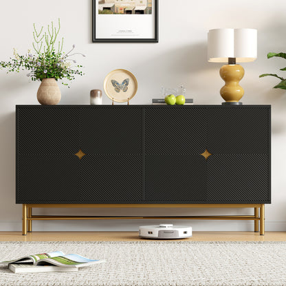 Extra Lange Kast – Dressoir – Sideboard – Opbergkast – Vitrinekast – 160 cm Breed – Zwart Spaanplaat – Vrijstaand Ontwerp – Gouden Handgrepen & Poten