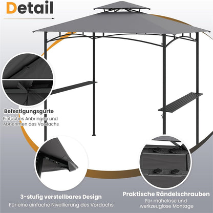 Grillpaviljoen – Barbecueoverkapping – Tuinpaviljoen – BBQ Shelter – Terrasoverkapping – Dubbel Polyester Dak – Met Zijplanken en Haken – Weerbestendig – 242 x 150 cm – Grijs