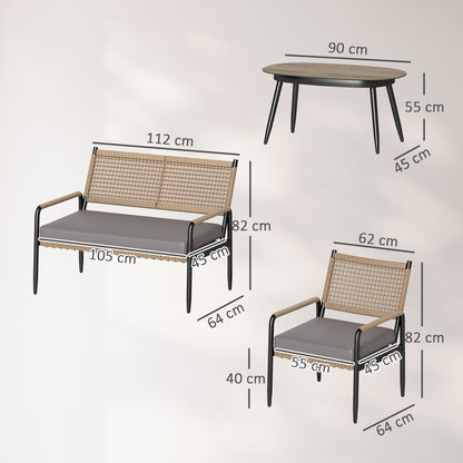 Poly Rattan Loungeset – Tuinmeubelset – Loungehoek – Buitenmeubel – Terrasmeubilair – Weerbestendig & UV-bestendig – Compleet 4-persoons Donkergrijs met Gele Accenten