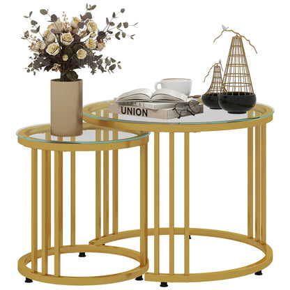 Salontafel – Koffietafel – Bijzettafel – Nesting Tafel – Rond – Gehard Glas – Carbon Stalen Frame – Set van 2 – Modern Goud Design