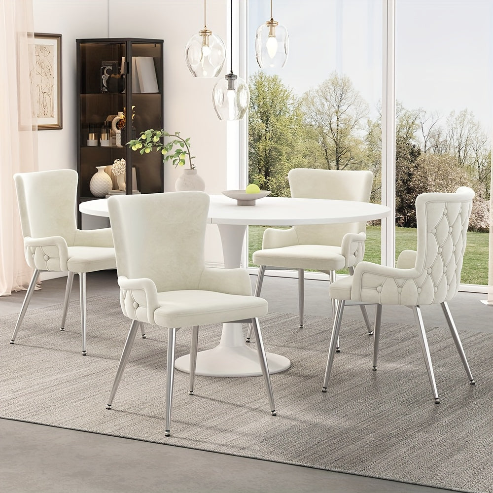 Eetkamerstoel – Stoel – Designstoel – Armstoel – Luxe stoel – Set van 2 Beige – Comfortabele Bekleding – Zilverkleurige Metalen Poten