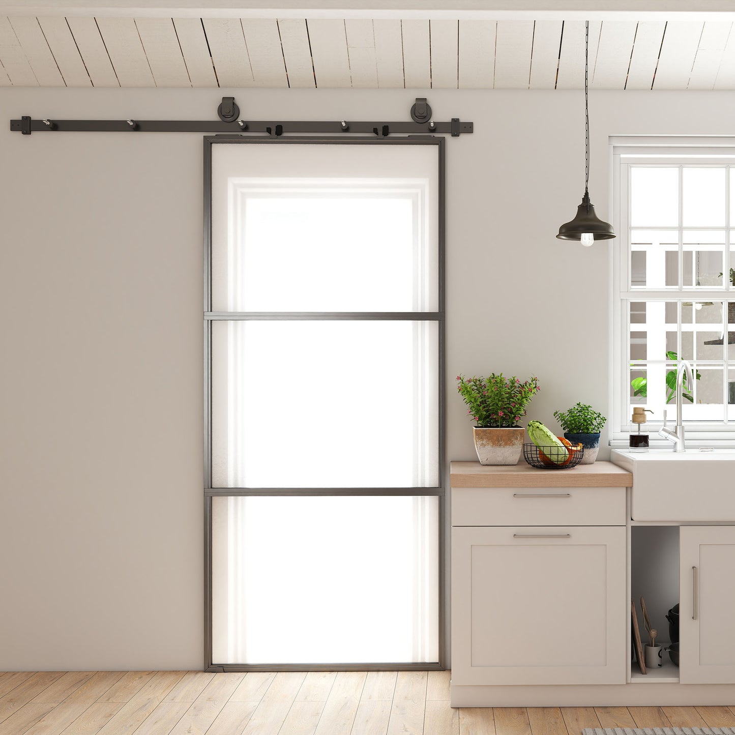 Schuifdeur – Schuifpaneel – Glazen Deur – Raumtebesparende Deur – Interieurdeur – Matglas – Zwart Stalen Frame – Soft-Close Mechanisme – Eenvoudige Montage