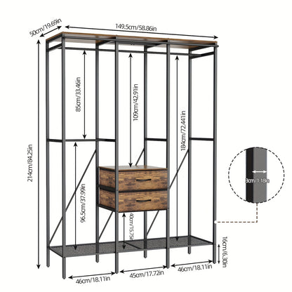 Heavy Duty Kledingrek – Kledingstandaard – Garderoberek – Kledingwagen – Kast Organizer – Met Stofbestendige Gordijn En Laden – Industrieel Design 149,5x50x214 cm