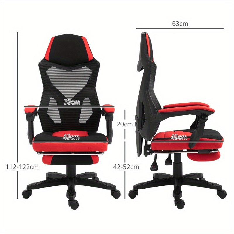 Vinsetto Ergonomic Gaming & Office Chair with Adjustable Height Footrest, 360° Swivel, Flexible Armrests & Headrest - Black/Red Polyester, Metal Frame, 360° Rotation, No Assembly Required for Home PC Gaming & Office Desk, G