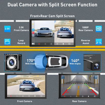 Draagbare Car Player – Autoradio – Multimedia Systeem – Navigatie – Infotainment – 9 Inch IPS+ 2.5D Touchscreen – Wireless CarPlay & Android Auto – Dual Lens Camera 2.5K Voor & 1080p Achter