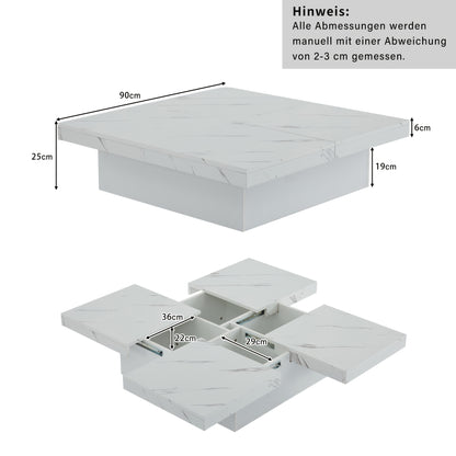 Modern White Square Coffee Table with Marble Texture, Size 90 X 90 X 25cm, Equipped with Four Drawers, Sliding Table Top, Load Capacity Up to 30kg,  Contemporary Style, Minimalist Design, Storage Table, Compact Table, Small S