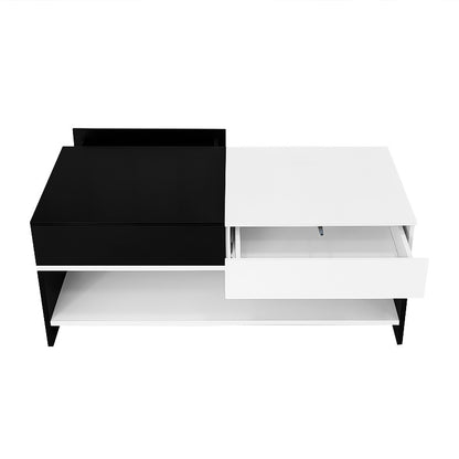 Salontafel – Koffietafel – Tafel – Woonkamertafel – Opbergtafel – Retro-Modern Design – 2 Laden Opbergruimte – Hoogglans Zwart-Wit – Ruim 100 cm – Direct Gebruiksklaar – Duurzaam Materiaal